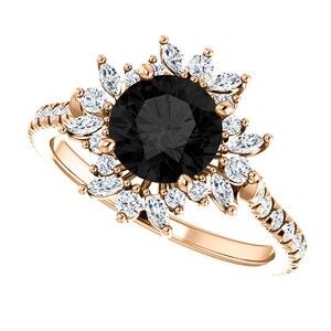 Blooming Flower Black Diamond Ring 14k Rose Gold, Floral Black Onyx Engagement Ring, Halo Flower Black Moissanite Ring, Nature Inspired Ring image 4