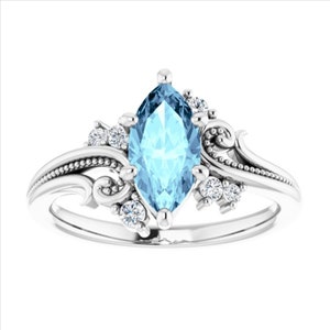 Filigree Marquise Aquamarine Engagement Ring 14k White  Gold, Vintage Floral Aquamarine Ring, Swirl Blue Aquamarine Ring, March Birthstone