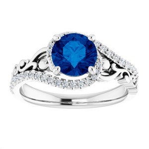 Anello di fidanzamento in zaffiro blu autentico scolpito in platino, anello in zaffiro bianco a spirale, anello in zaffiro champagne Art Nouveau, anello Art Déco