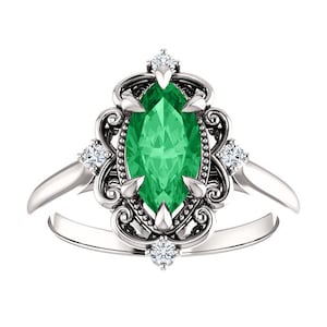 Vintage Marquise Emerald Engagement Ring 14K White Gold, Victorian Natural Emerald Ring, Antique Green Emerald Ring, May Birthstone Ring