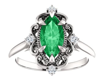 Anillo de compromiso vintage con esmeralda talla marquesa en oro blanco de 14 quilates, anillo victoriano de esmeralda Chatham, anillo antiguo de esmeralda verde, anillo de piedra natal de mayo.