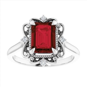 Vintage Emerald Garnet Ring 14k White Gold, Victorian Red Garnet Ring, Antique Emerald Garnet Engagement Ring, January Birthstone Ring