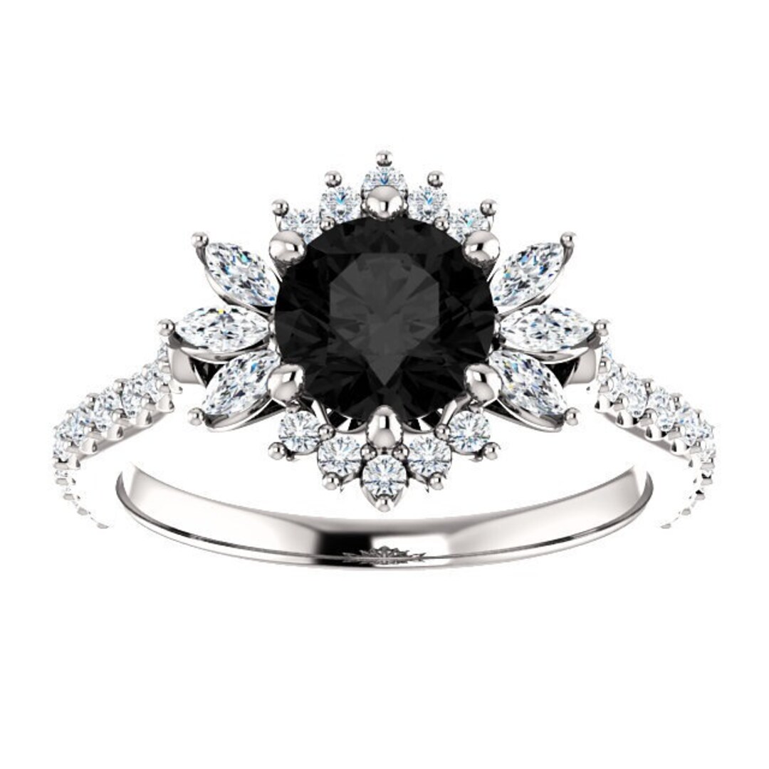Dahlia Black Diamond Engagement Ring 14k White Gold, Halo Floral