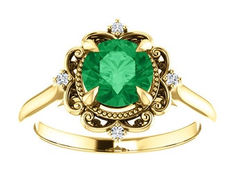 Vintage Inspired Emerald Engagement Ring 14k Yellow Gold, Victorian Natural Emerald Ring, Antique Green Emerald Ring, May Birthstone Gift