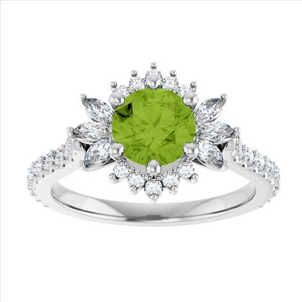 Gatsby Anello di fidanzamento con peridoto in platino, Anello con peridoto verde fiore, Anello con diamante con peridoto a stella scoppiata, Anello con pietra portafortuna di agosto, 16° anniversario