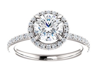 Halo Forever One Moissanite Verlobungsring Platin, Runder Moissanite Diamant Pave Ring, zierlicher Charles Colvard Moissanite Ring