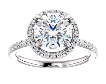 2 Karat Halo Harro Moissanit Verlobungsring Platin, runder Edwardianischer Moissanit Diamant Pave Ring, dünner Band Harro Gem Moissanit Ring