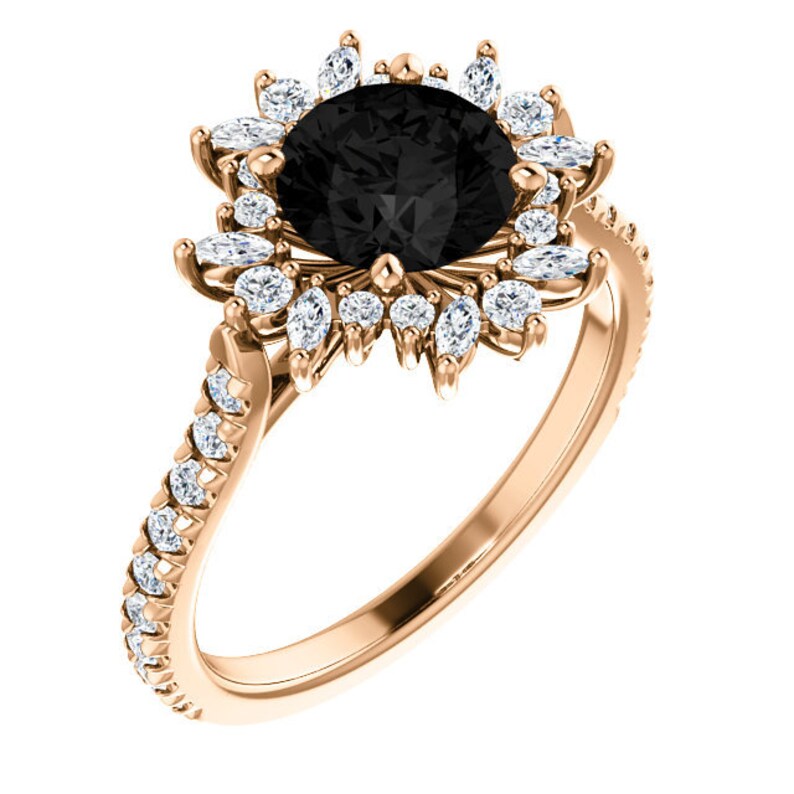 Blooming Flower Black Diamond Ring 14k Rose Gold, Floral Black Onyx Engagement Ring, Halo Flower Black Moissanite Ring, Nature Inspired Ring image 2