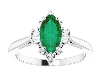 Anillo de compromiso con esmeralda en forma de marquesa y halo, oro blanco de 14k, anillo único de esmeralda verde, delicado anillo de esmeralda y diamantes, anillo de piedra natal de mayo.