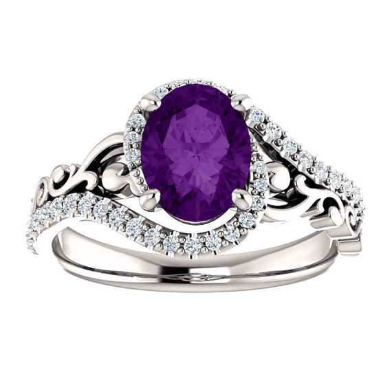 14K White Gold Oval Amethyst Scroll Set Ring 14K White Gold Oval Amethyst Scroll Set Ring