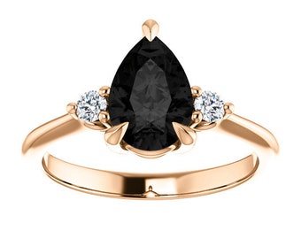 Three Stone Black Onyx Pear Ring 14k Rose Gold, Minimalist Pear Shape Black Diamond Ring, Dainty Tear Drop Black Diamond Engagement Ring