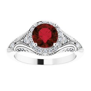 Halo Victorian Garnet Engagement Ring 14k White Gold, Vintage Red Garnet Diamond Ring, Antique Garnet Ring, January Birthstone Ring Sopia