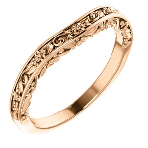 Cherry Blossom Curved Wedding Band 14K Rose Gold, Woodland Layering Band, Elvish Anniversary Band, Floral Band, Nature Stacking Band Sopia