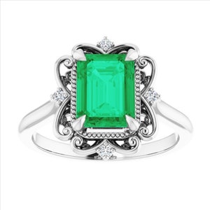 Vintage smaragdgroene ring 14K roségoud, Victoriaanse groene smaragd verlovingsring, antieke smaragdgroene diamanten ring, geboortesteenring mei