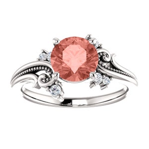 Anello di fidanzamento floreale in zaffiro champagne in platino, anello di champagne con fiore pesca, anello di champagne autentico in filigrana, anello ispirato alla natura