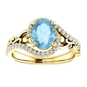 Art Deco Aquamarine Ring 14k Yellow Gold, Scroll Aquamarine Engagement Ring, Victorian Blue Aquamarine Diamond Ring, March Birthstone Ring