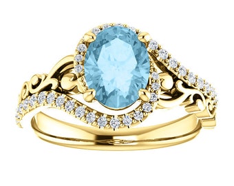 Anillo Art Déco de aguamarina en oro amarillo de 14k, anillo de compromiso de aguamarina con diseño de volutas, anillo victoriano de aguamarina azul y diamantes, anillo de piedra natal de marzo.