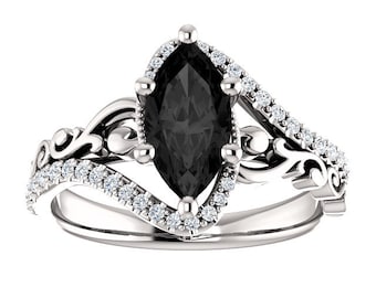 Sculptural Black Marquise Engagement Ring 14k White Gold, Scroll Marquise Black Onyx Ring, Victorian Marquise Black Diamond Ring, Art Deco