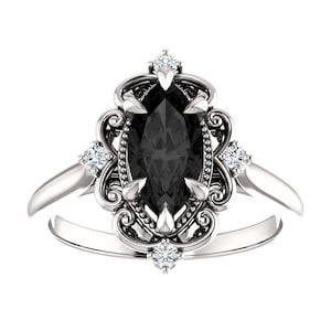 Vintage Black Marquise Engagement Ring 14k White Gold, Victorian Marquise Black Diamond Ring, Filigree Marquise Black Onyx Ring, Sopia