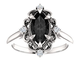 Vintage Black Marquise Engagement Ring 14k White Gold, Victorian Marquise Black Diamond Ring, Filigree Marquise Black Onyx Ring, Sopia