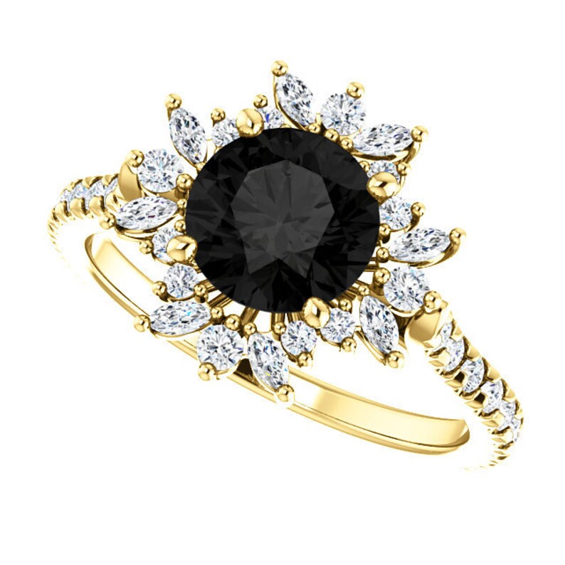 Blooming Flower Black Diamond Ring 14k Rose Gold, Floral Black Onyx Engagement Ring, Halo Flower Black Moissanite Ring, Nature Inspired Ring image 10