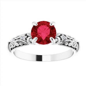 Victorian Filigree Ruby Engagement Ring 14K White Gold, Vintage Sculptural Red Ruby Ring, Scroll Genuine Ruby Diamond Ring,Antique Ruby Ring