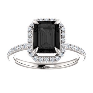 Halo Emerald Black Diamond Engagement Ring 14k White Gold, Halo Black Onyx Emerald Shape Ring, Halo Emerald Black Moissanite Ring, Sopia