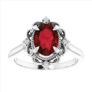 Vintage Oval Garnet Ring 14k White Gold, Victorian Red Garnet Ring, Halo Oval Garnet Diamond Ring, Scroll Garnet Engagement Ring Anniversary
