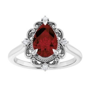 Vintage Pear Shape Garnet Engagement Ring Platinum, Victorian Red Garnet Ring, Antique Tear Drop Garnet Ring, January Birthstone Ring, Sopia