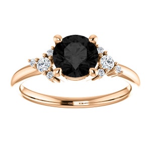 Scatter Black Diamond Engagement Ring 14k Rose Gold, Cluster Black Diamond Ring, Unique Halo Black Onyx Ring, Modern Black Moissanite Ring