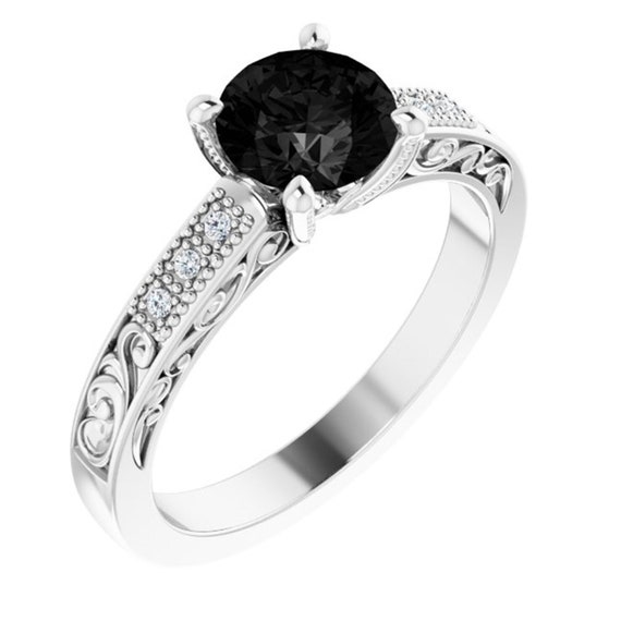 Black Diamond Victorian Engagement Ring 14K White Gold, Antique