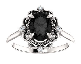 Vintage Black Oval Engagement Ring 14k White Gold, Victorian Oval Black Onyx Ring, Sculptured Black Diamond Ring, Antique Black Oval Ring