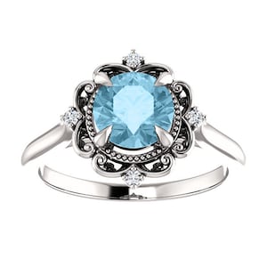 Vintage Aquamarine Engagement Ring 14k White Gold, Victorian Aquamarine Ring, Antique Blue Aquamarine Diamond Ring, March Birthstone Ring