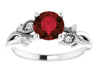 Twig Leafy Garnet Ring 14k White Gold, Branch Red Garnet Engagement Ring, Woodland Garnet Diamond Ring, Nature Inspired Garnet Ring, Sopia