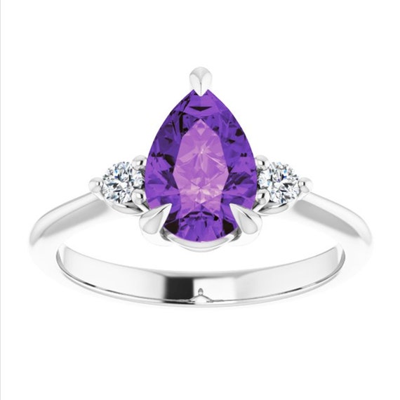 Minimalist Pear Shape Amethyst Ring Platinum Three Stone Tear