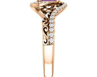 Anillo De Compromiso Vintage Con Amatista De Corte Redondo, Anillo De Compromiso Con Amatista En Racimo único, Anillo De Bodas Art Deco De Oro Rosa De 14 Quilates O Plata, Regalo Para
