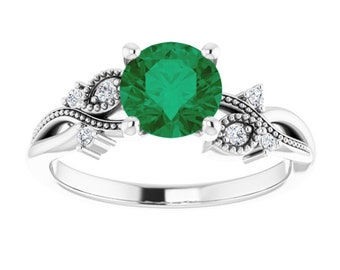 Nature Inspired Emerald Ring Platinum, Twig Leafy Green Emerald Diamond Ring, Branch Chatham Emerald Engagement Ring, May Birthstone Ring
