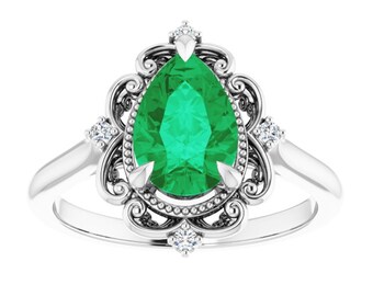 Victorian Pear Shape Emerald Ring 14k White Gold, Vintage Green Emerald Ring, Antique Tear Drop Emerald Engagement Ring, May Birthstone Ring