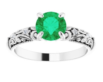Scroll Natural Emerald Engagement Ring Platinum, Sculptural Green Emerald Ring, Vintage Chatham Emerald Diamond Ring Sculptured Emerald Ring