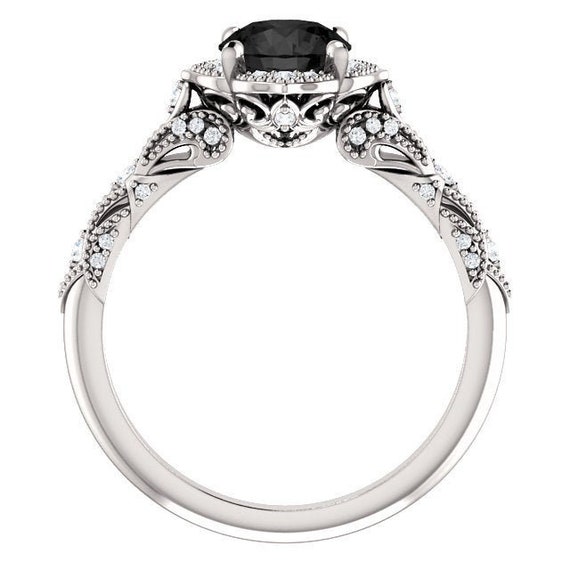 Vintage Floral Black Engagement Ring 14k White Gold Art Etsy Vintage Floral Black Engagement Ring 14k White Gold Art Etsy