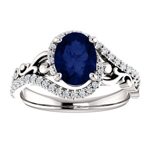 Sculptured Oval Blue Sapphire Engagement Ring 14k White Gold, Scroll Oval Blue Sapphire Ring, Art Nouveau Oval Blue Sapphire Diamond Ring