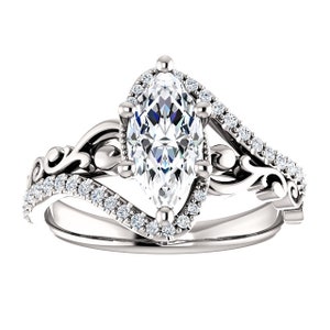 Anello di fidanzamento scultoreo con zaffiro bianco a forma di marquise, oro bianco 14 carati, anello con zaffiro blu naturale Halo, anello con zaffiro champagne a spirale