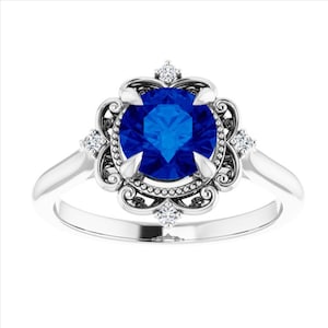 Vintage Blue Sapphire Engagement Ring 14k White Gold, Victorian White Sapphire Ring, Halo Champagne Sapphire Ring, Scroll Pink Sapphire Ring