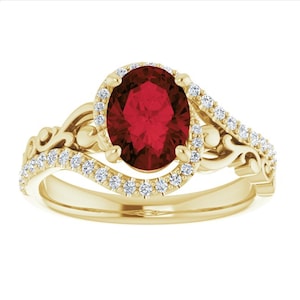 Sculptural Oval Garnet Engagement Ring 14k Rose Gold, Art Deco Red Garnet Ring, Scroll Garnet Diamond Ring, 2nd Anniversary Gift, January