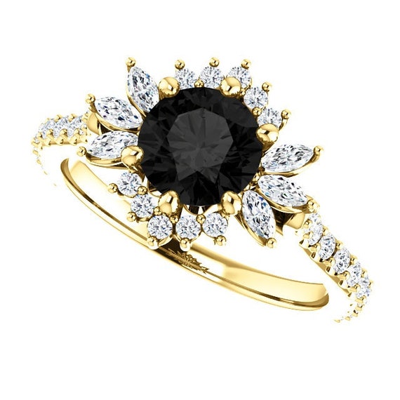 Dahlia Black Diamond Engagement Ring 14k White Gold, Halo Floral