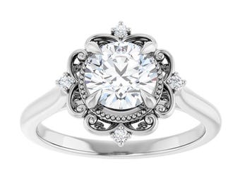 Vintage inspirierte für immer ein runder Moissanite Verlobungsring 14k Weißgold, viktorianischer Moissanit Ring, antiker Moissanite Diamant Ring