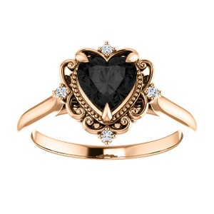 Vintage Halo Black Heart Ring 14k Rose Gold, Victorian Heart Black Onyx Ring, Antique Black Diamond Engagement Ring, Black Moissanite Ring