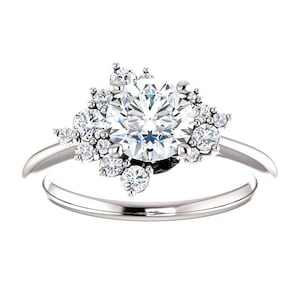 Asymmetric White Sapphire Engagement Ring Platinum, Cluster Blue Sapphire Ring, Scatter Champagne Sapphire Ring, September Birthstone Ring