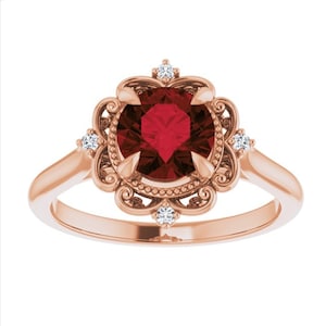 Vintage Garnet Engagement Ring Platinum, Victorian Garnet Diamond Ring, Granulated Red Garnet Ring, Halo Garnet Ring, January Birthstone