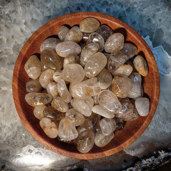 Rutilated Clear Quartz Tumbled Stone from Brazil / Polished Pebbles/ for Crystal Healing & Grids/ Golden Rutile / Meditation/ Energy Work